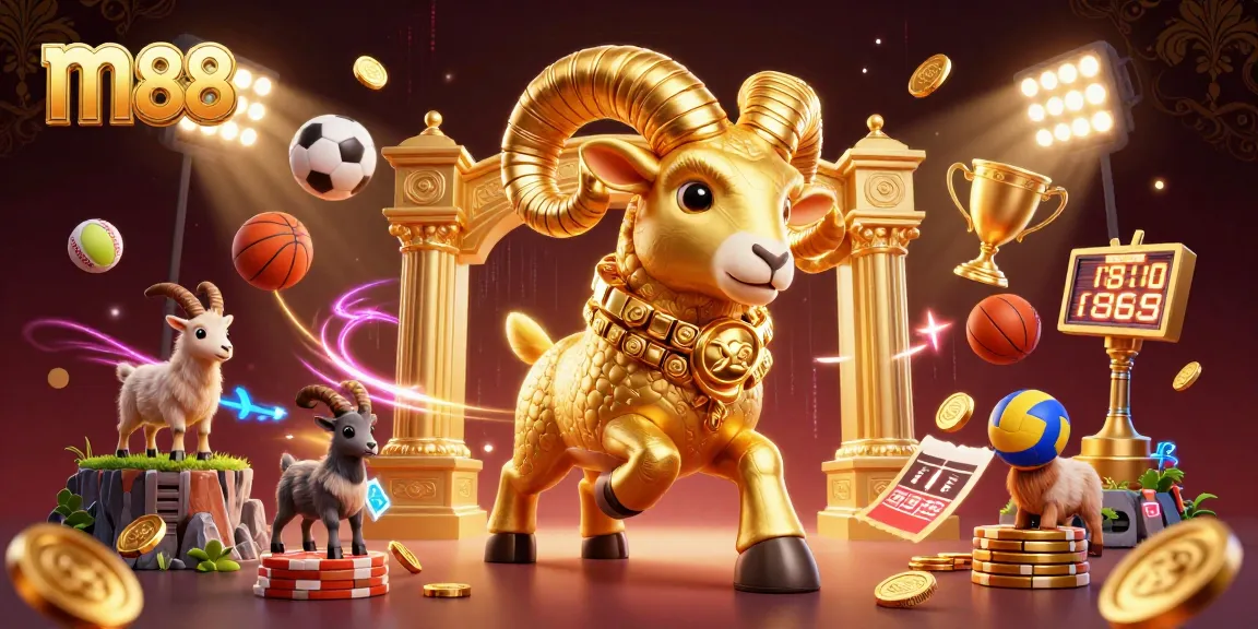 M88 online casino features a golden ram and dynamic sports elements showcasing exciting gambling actions.