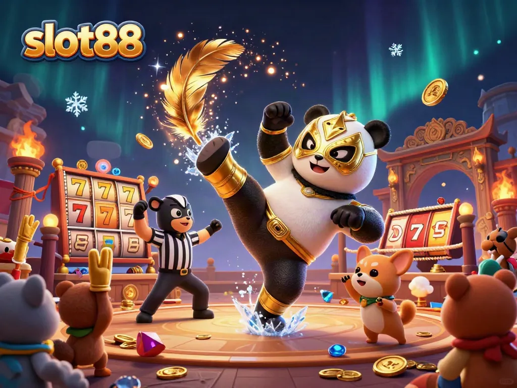 Experience the excitement of slot88 with a dynamic scene featuring a panda and chihuahua in a vibrant casino atmosphere.