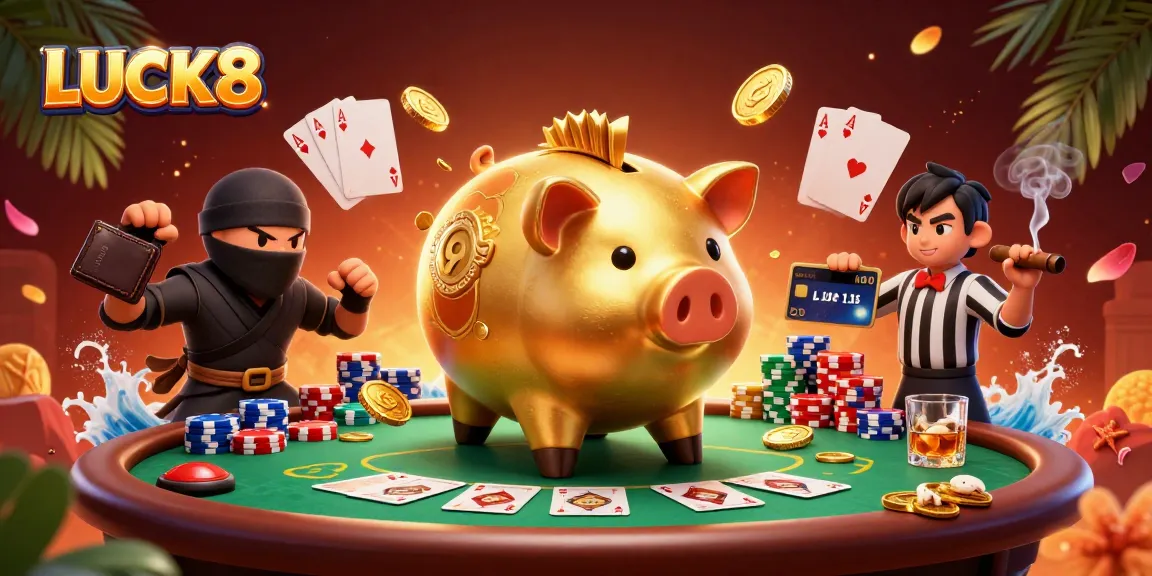 Experience LUCK8 excitement with dynamic characters at a poker-themed scene filled with action and rewards.