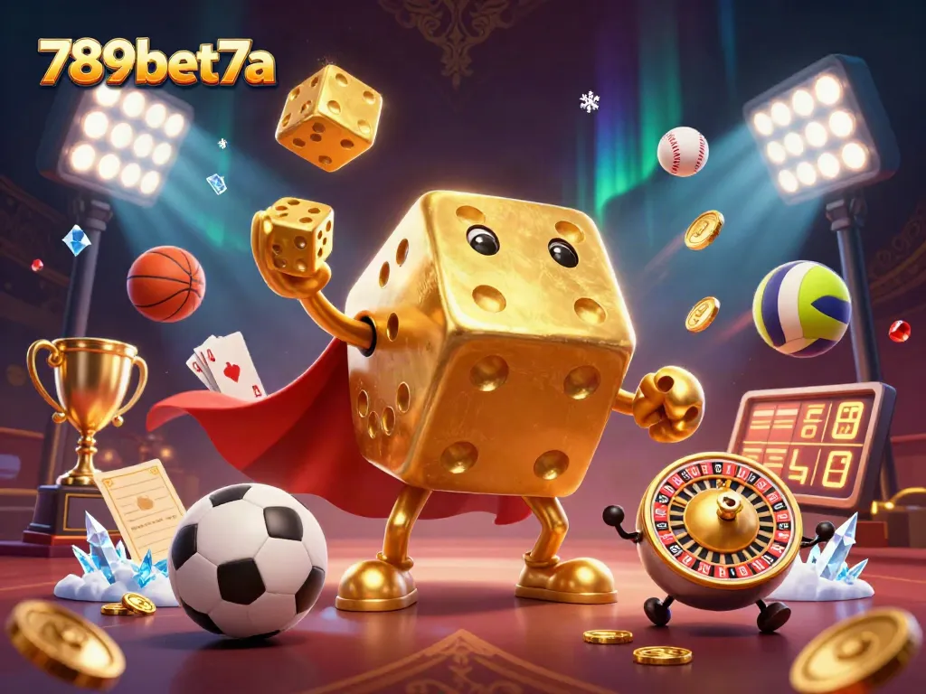 Experience thrilling games with 789bet7a's dynamic casino illustration featuring golden dice and sports elements.