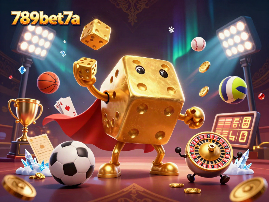 Experience thrilling games with 789bet7a's dynamic casino illustration featuring golden dice and sports elements.