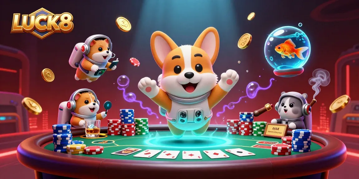 Experience LUCK8's thrilling casino atmosphere featuring a playful astronaut corgi amidst poker chips and golden coins.