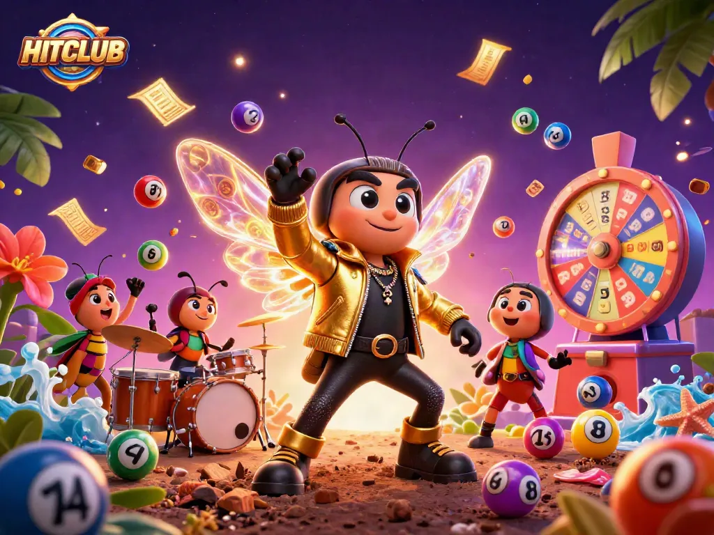 Join the exciting HITCLUB gaming scene with vibrant elements and animated characters.