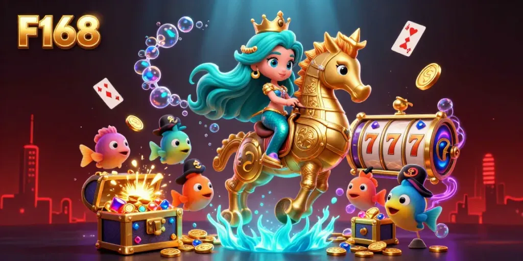 F168 showcases a vibrant underwater casino scene with mermaid characters and slot reels for interactive fun.