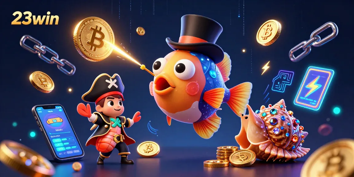 Engage with the vibrant 23win casino scene featuring a top-hat anglerfish and glowing crypto coins.