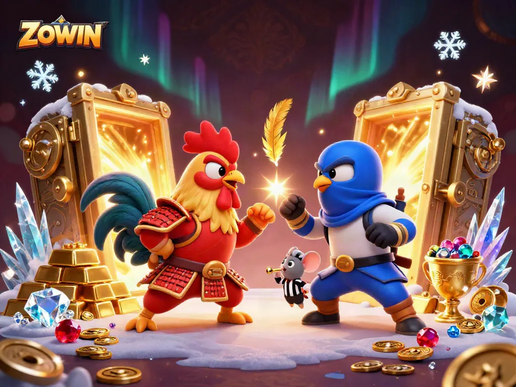 ZOWIN showcases a stunning standoff between samurai and ninja roosters amidst a treasure-filled scene.
