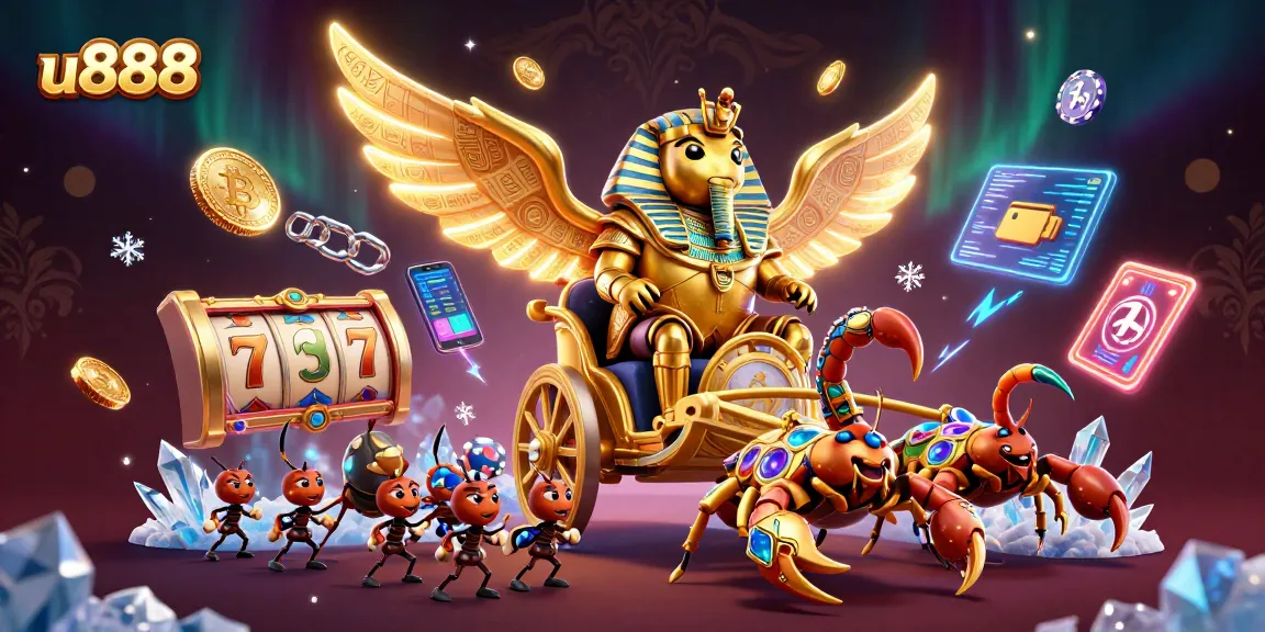 Engage with the vibrant u888 gaming atmosphere featuring golden scarab beetles and slot reels.