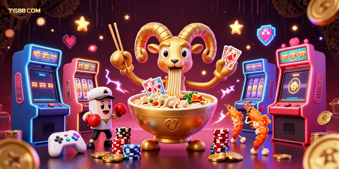 Join the fun with TG88 COM as a giant ramen bowl dealer stacks chips amidst exciting casino elements!