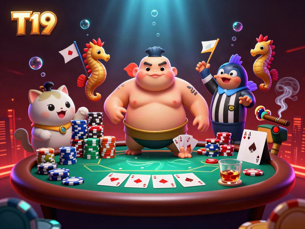 T19 delivers a thrilling underwater poker scene with fugu and catfish surrounded by vibrant game elements.