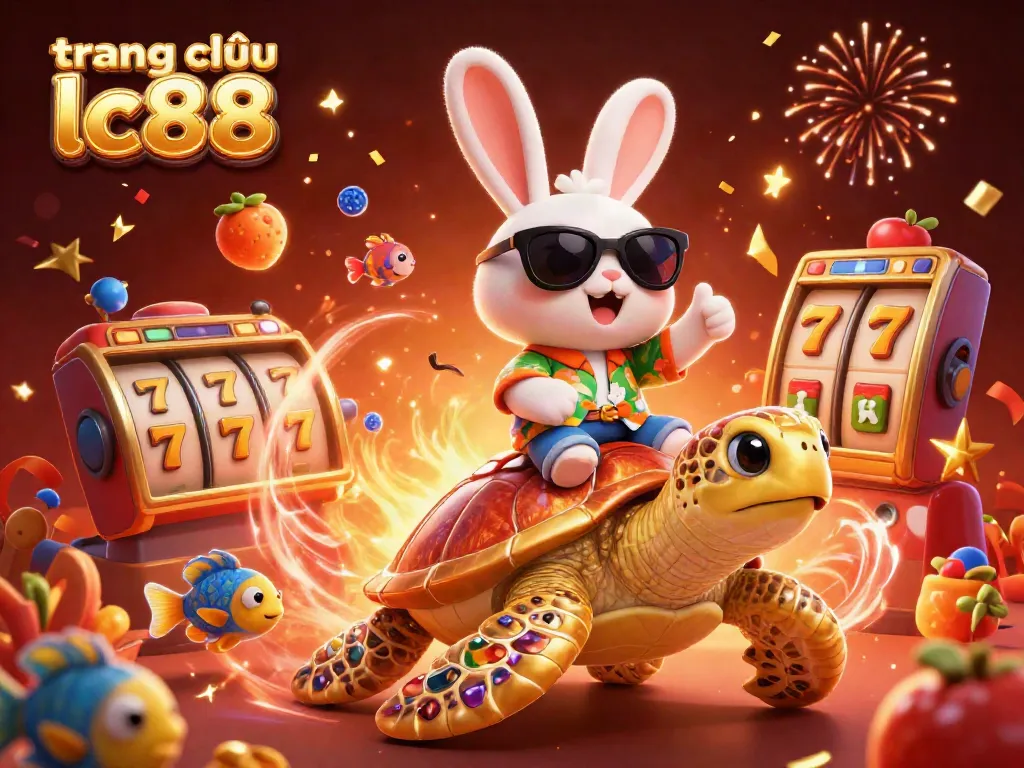 Experience excitement at trang chủ lc88 with a lucky rabbit and a golden turtle in a vibrant casino scene.