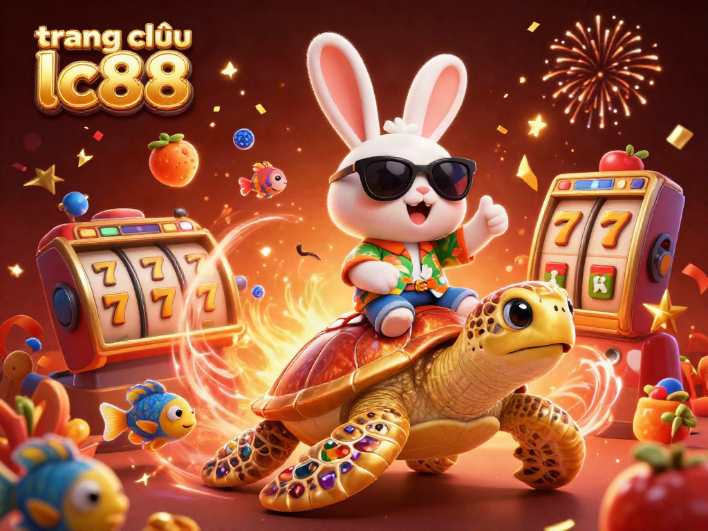 Experience excitement at trang chủ lc88 with a lucky rabbit and a golden turtle in a vibrant casino scene.