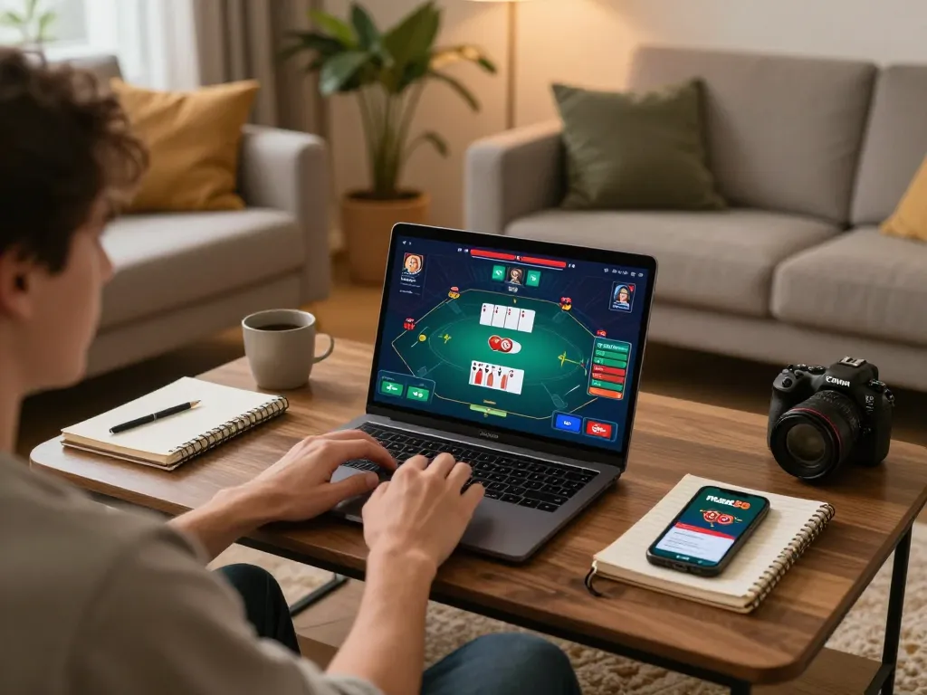 Player enjoying a poker game with max88 online casino app on laptop in a cozy living room.
