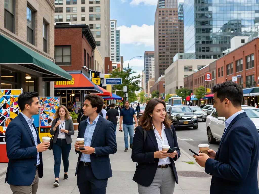 Vibrant street scene in Canada with young professionals representing Streek Canada