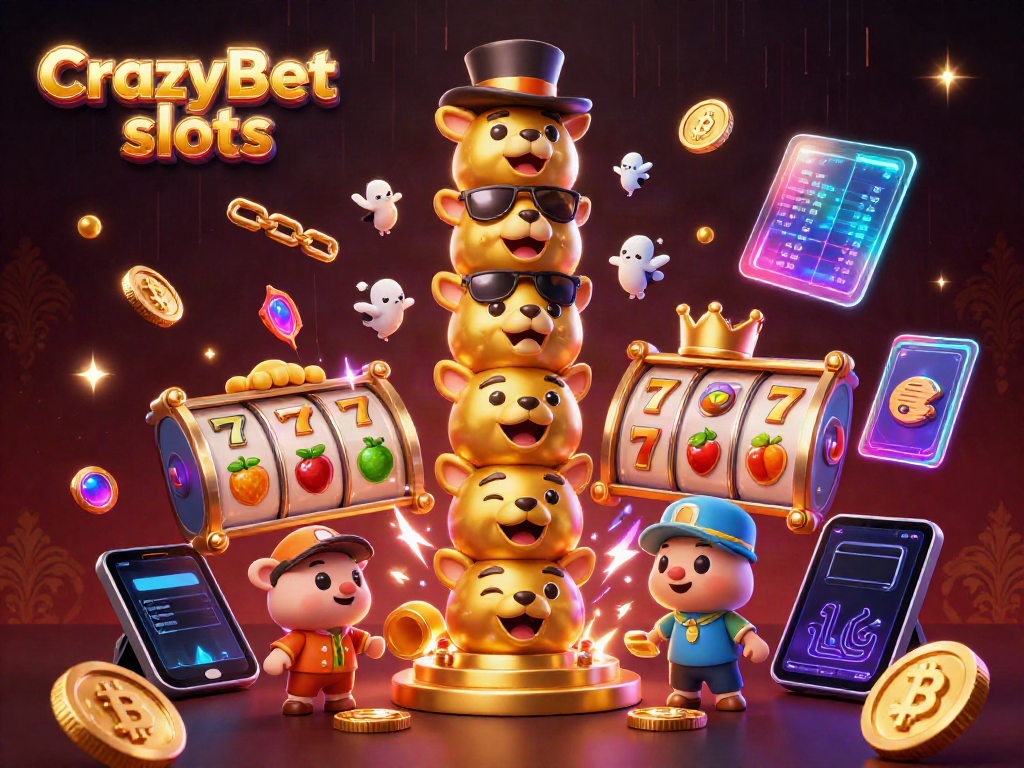 Engage in thrilling CrazyBet slots gameplay amidst vibrant casino elements and animated characters.