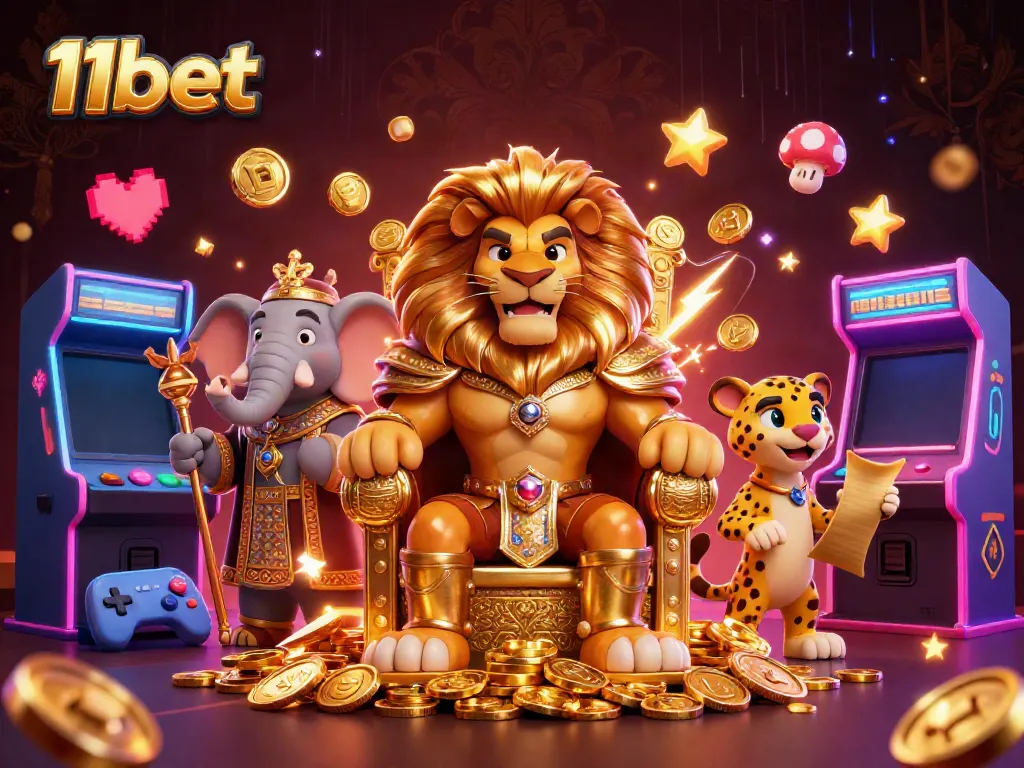 Experience thrilling action at 11bet with a vibrant casino scene featuring a lion king and magical game elements.
