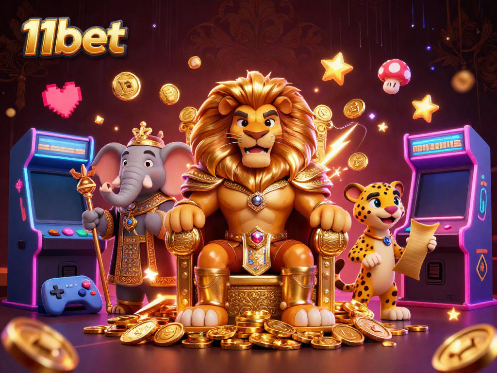 Experience thrilling action at 11bet with a vibrant casino scene featuring a lion king and magical game elements.