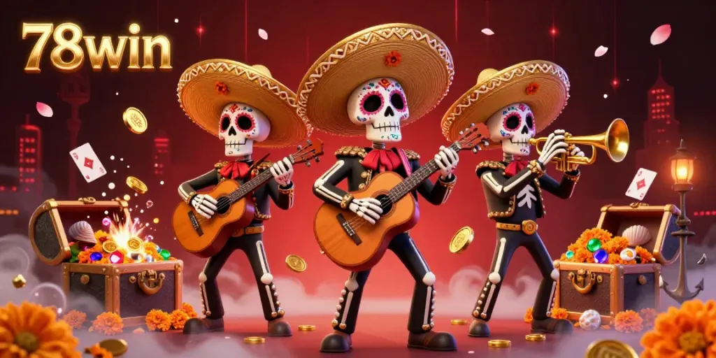 Engage with the festive energy of 78win's gaming world featuring colorful mariachi skeletons celebrating amidst a dynamic casino atmosphere.