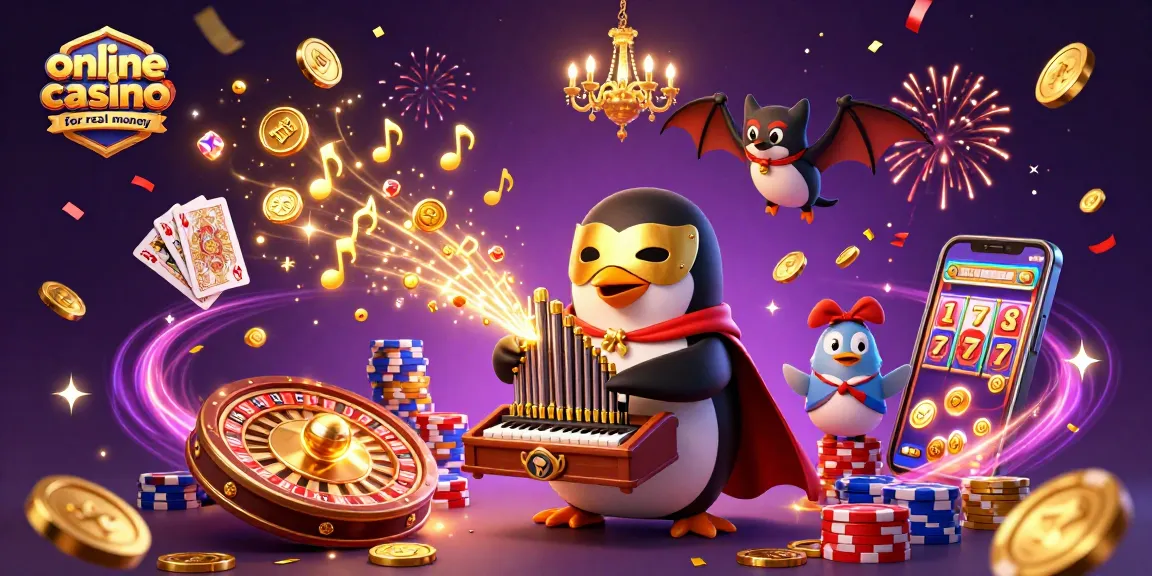 Engaging cartoon scene showcasing online casino games for real money, featuring a penguin, golden coins, and dynamic casino elements.