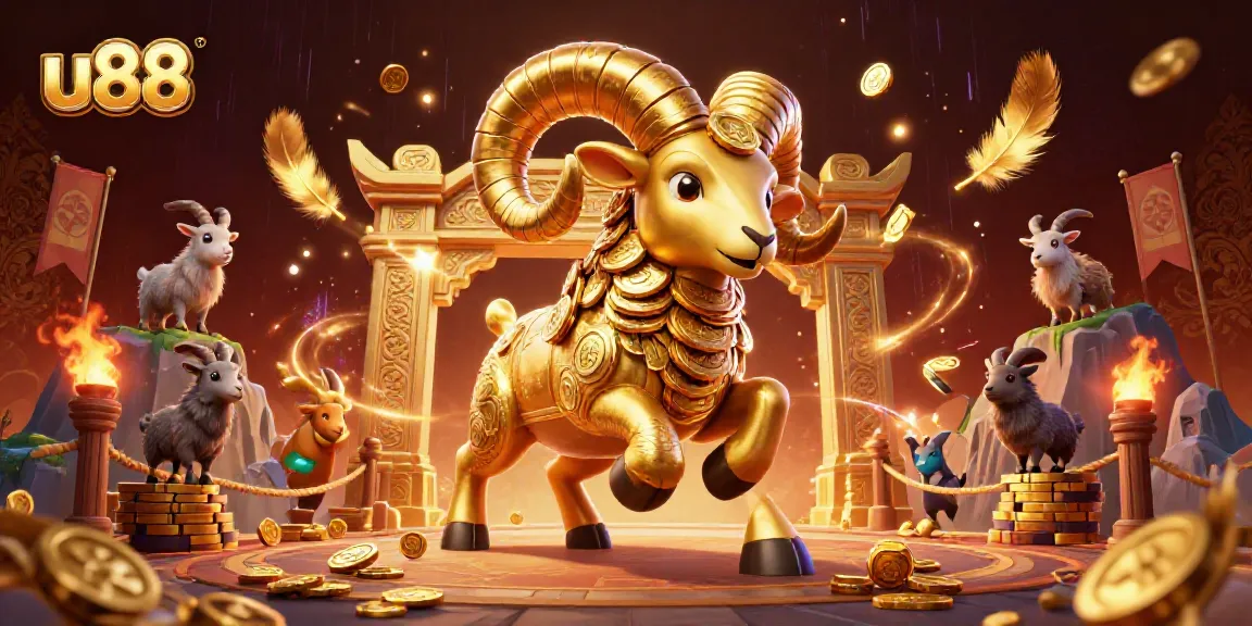 Experience the thrill of u88 with a golden ram charging amidst a vibrant casino atmosphere.
