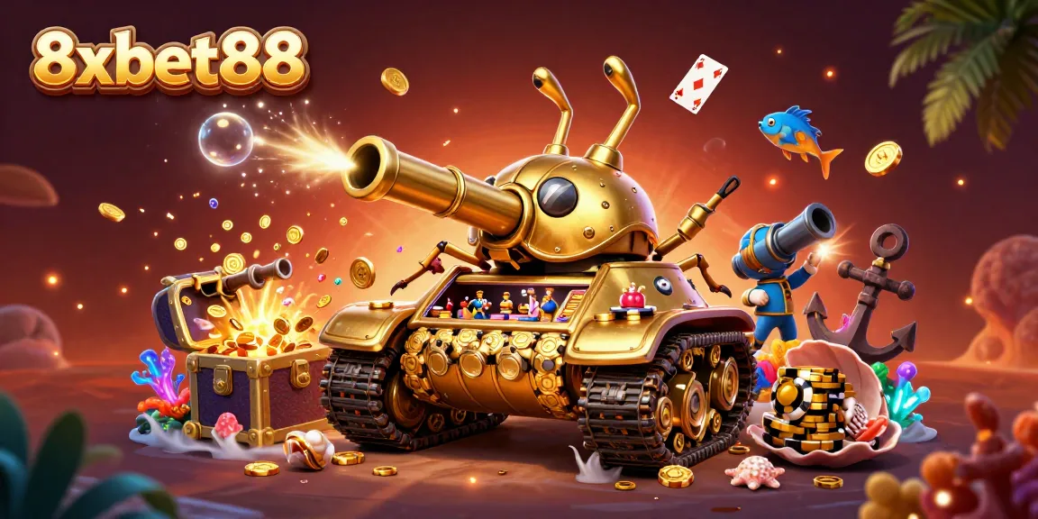 Engage with 8xbet88's thrilling casino adventure featuring a golden beetle tank revealing a tiny casino.