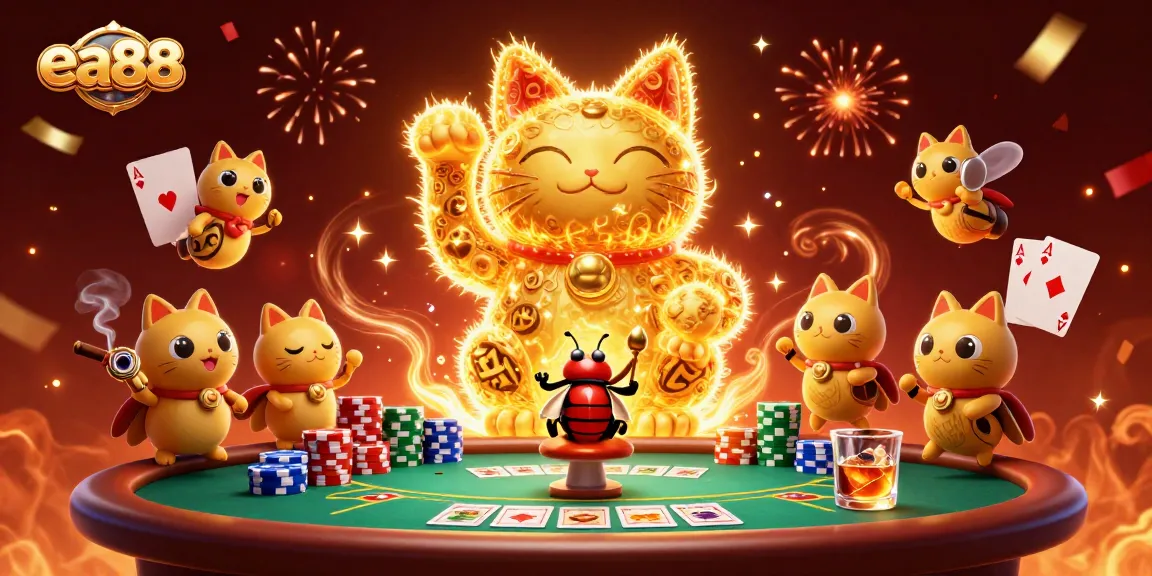 Experience the vibrant, dynamic energy of ea88 with a lucky cat and casino symbols, enhancing your gaming experience.