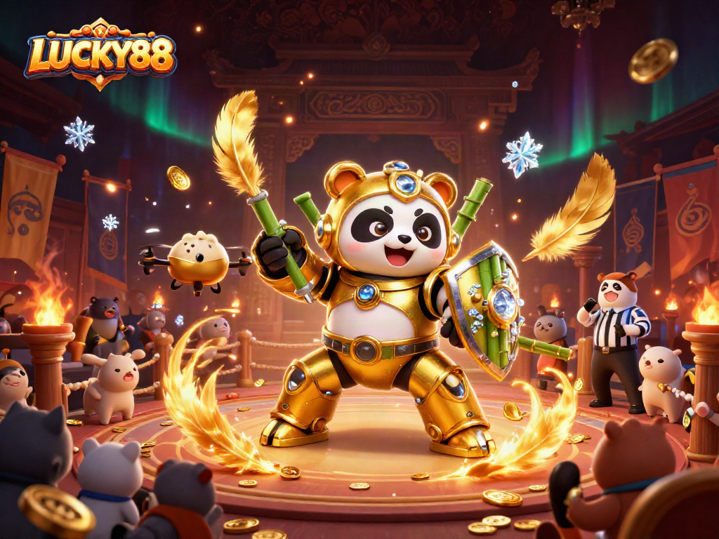 Engage in the thrilling LUCKY88 gaming arena with dynamic characters and a vibrant atmosphere.