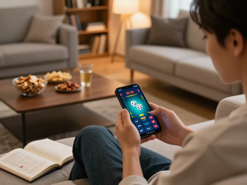 Engaged player using app tài xỉu on smartphone while enjoying a cozy home atmosphere with snacks.