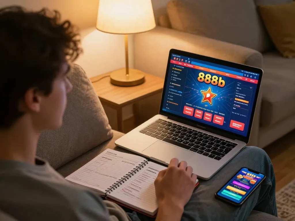 Player engaging in online gaming with 888b on a laptop, showcasing an interactive casino experience.