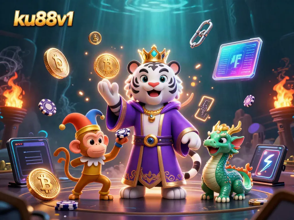 Experience excitement at ku88v1 with a vibrant casino-themed illustration showcasing crypto elements and playful characters.