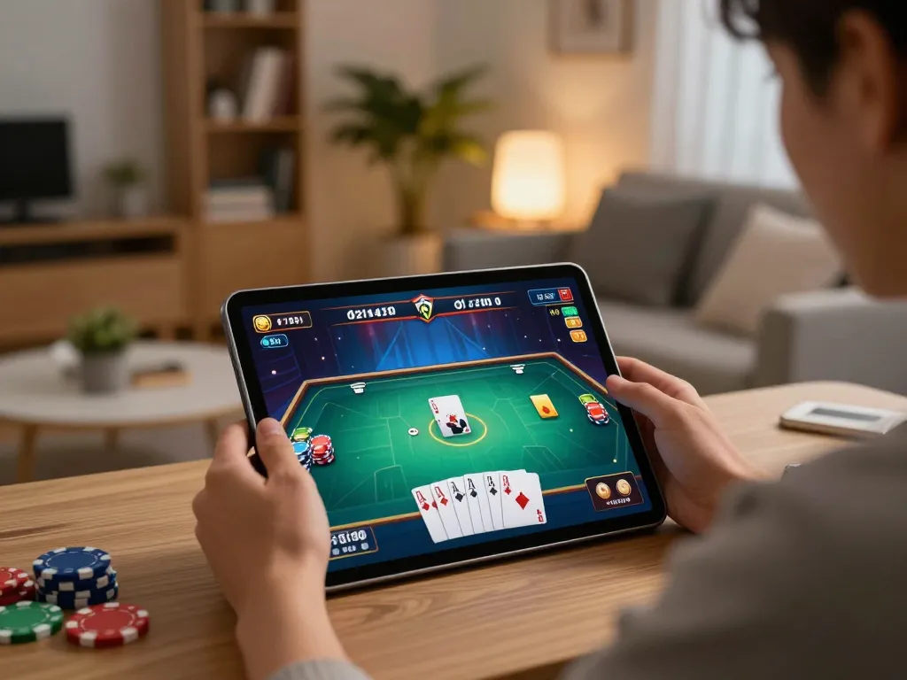 Engaging scene of a user playing game đánh bài đổi thưởng on tablet, showcasing modern online gaming setup.