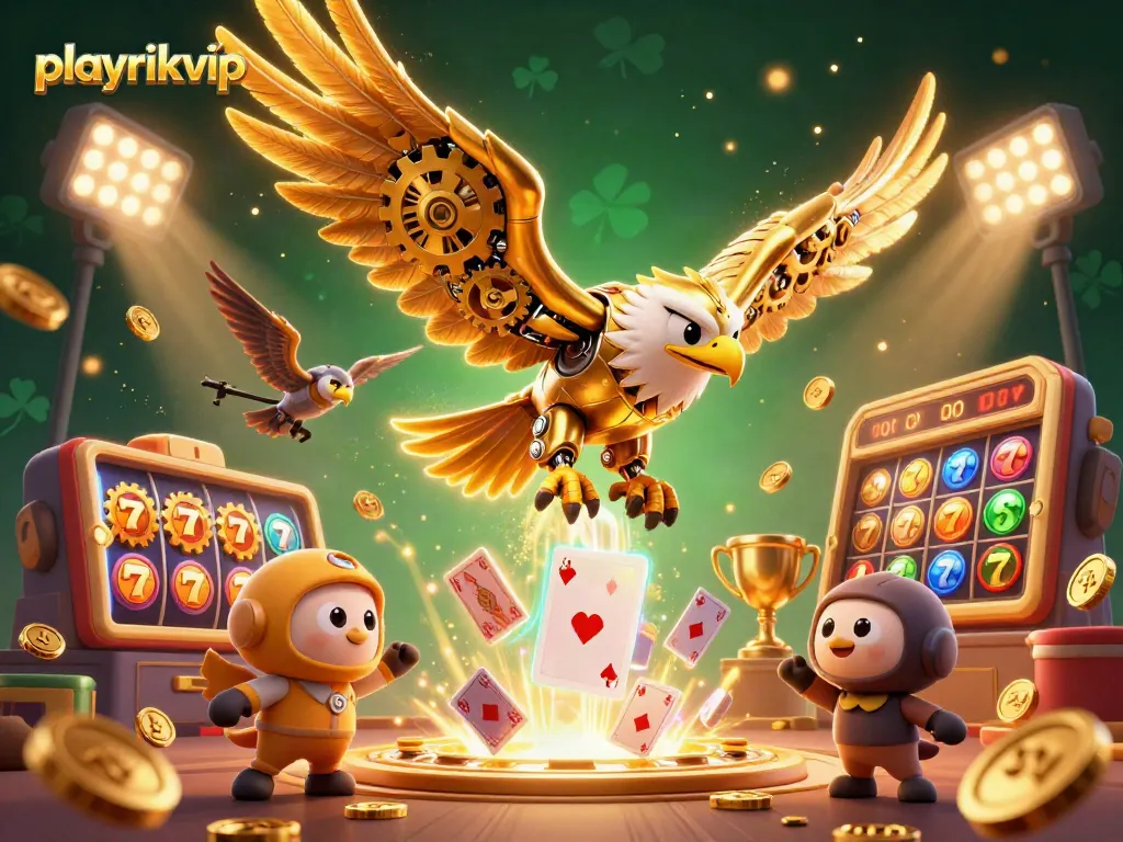 Experience playrikvip with an ultra-detailed casino scene featuring dynamic slots and glowing symbols.
