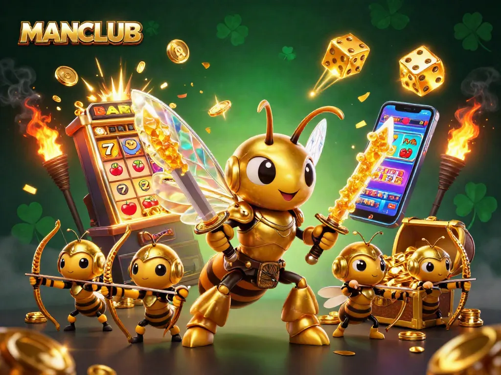 Experience MANCLUB's dynamic jackpot scene with golden elements and vibrant casino symbols.