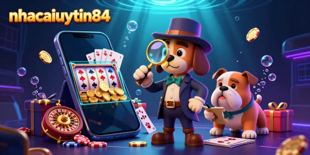 Engage with nhacaiuytin84's vibrant casino adventure featuring a detective and a bulldog in a colorful gaming scene.