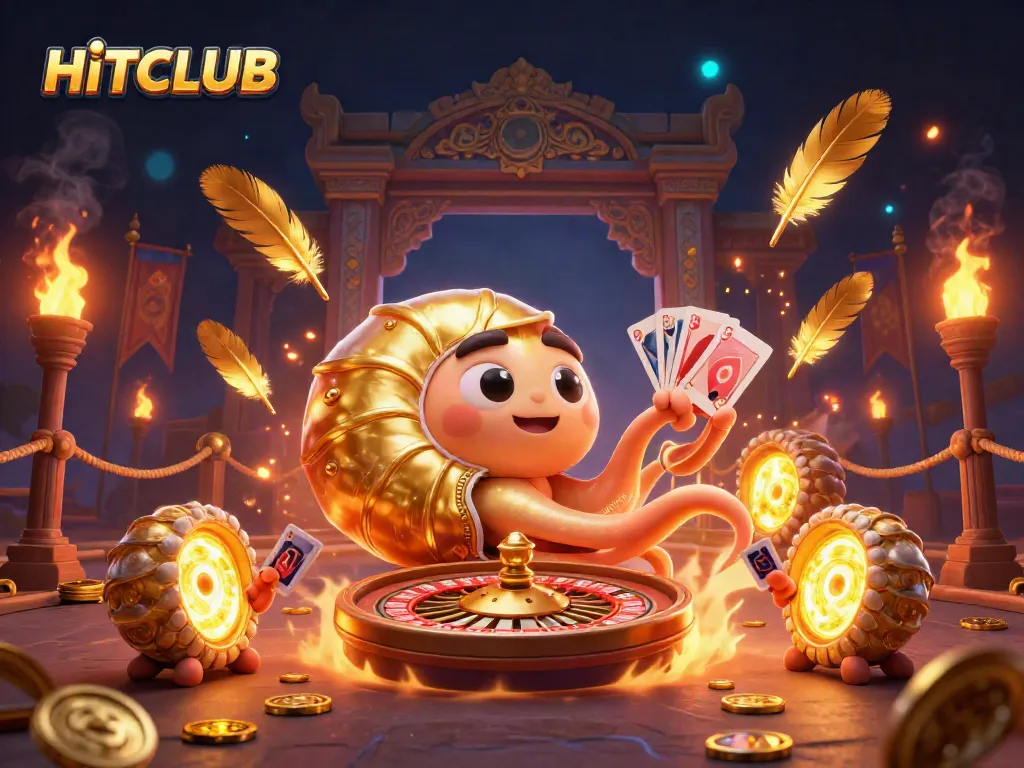 Engage with HITCLUB's vibrant 3D casino scene filled with golden treasures and gaming excitement.
