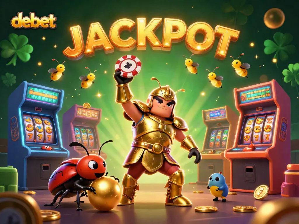 Engage with the debet experience as a cartoon hercules beetle wins big, surrounded by casino elements.