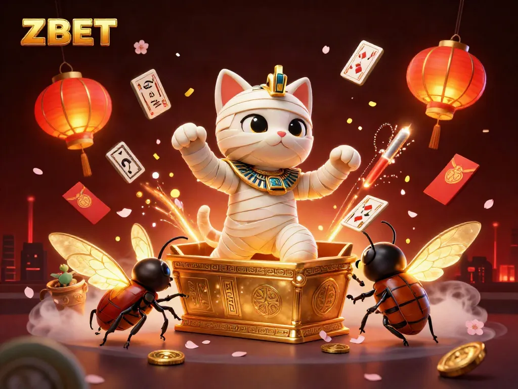 ZBET's vibrant casino adventure featuring an Egyptian mummy cat in a pyramid with golden games and rich decorations.