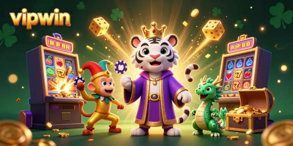 Experience the thrill of vipwin with a majestic 3D tiger and playful monkey in a vibrant casino scene.