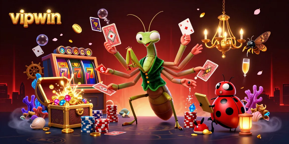Experience thrilling gaming action with vipwin's dynamic casino scene featuring a mantis dealer and vibrant game elements.
