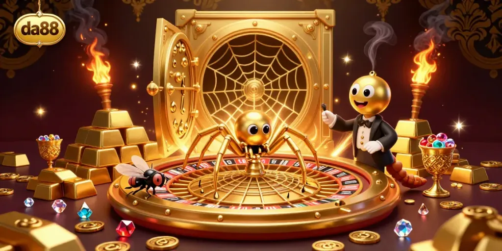 Experience thrilling bets at da88 as a golden spider spins a roulette web amidst treasure and gems.