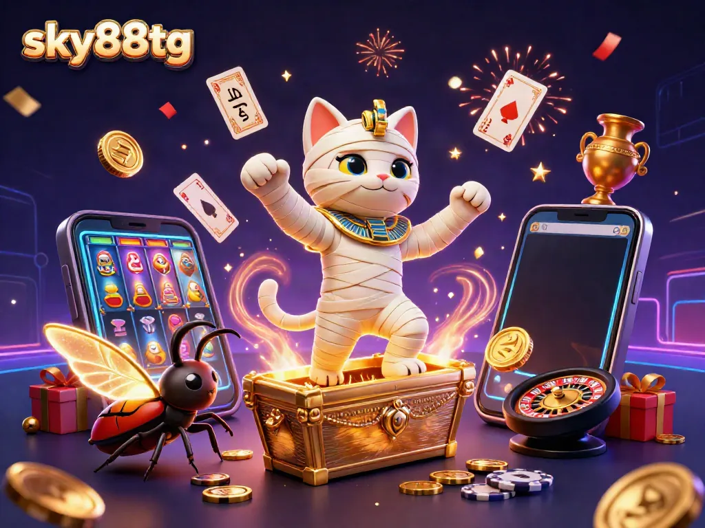 Experience sky88tg through a vibrant 3D casino illustration showcasing a mummy cat and dynamic game elements.