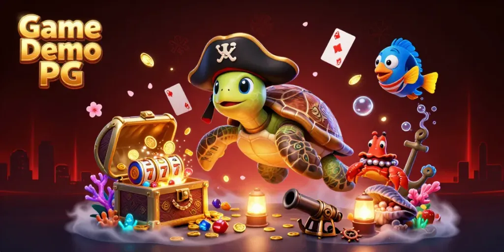Experience Game Demo PG with a vibrant underwater scene featuring a pirate turtle and slot elements.