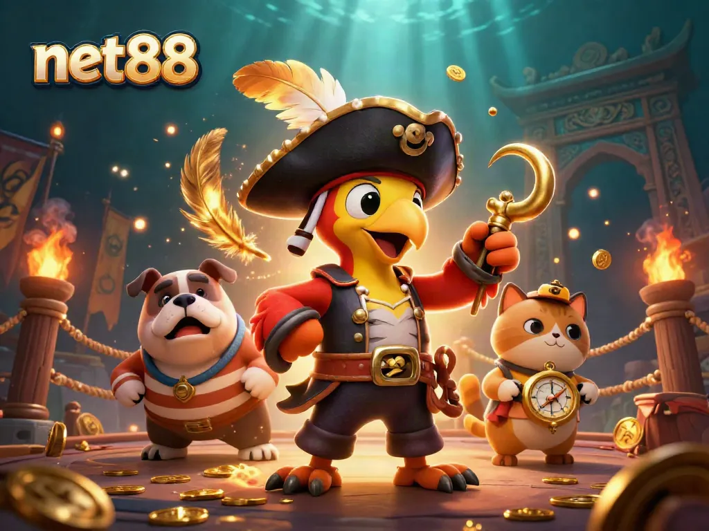 Experience the thrilling world of net88 with a vibrant, detailed casino scene featuring iconic characters and dynamic gambling elements.