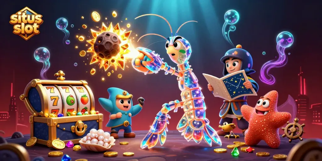 Situs slot adventure with 3D cartoon characters, slot reels, and treasures in a vibrant underwater scene.