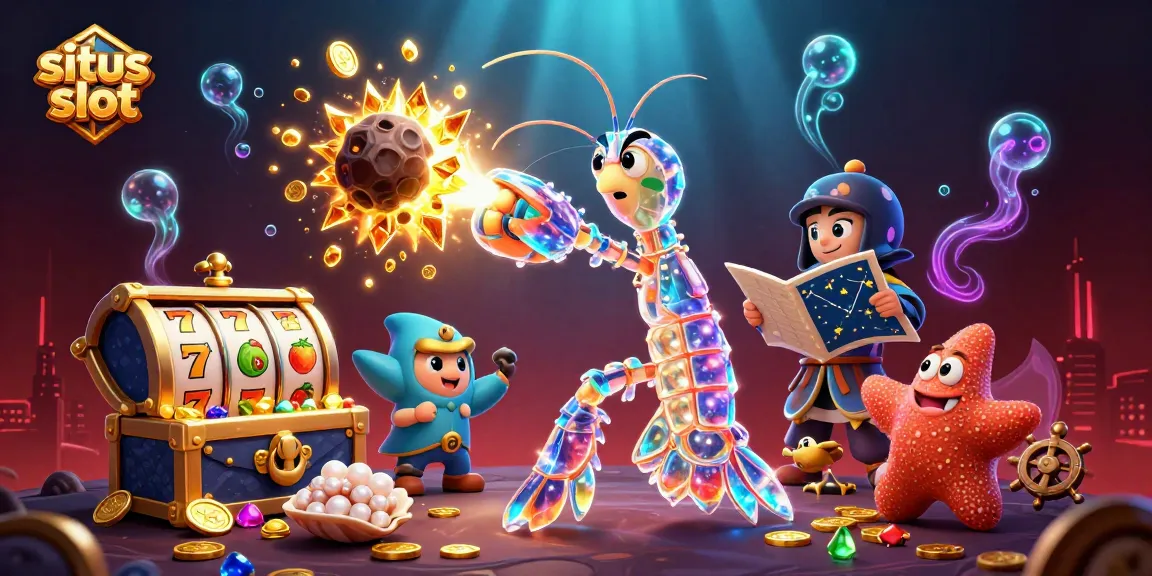 Situs slot adventure with 3D cartoon characters, slot reels, and treasures in a vibrant underwater scene.
