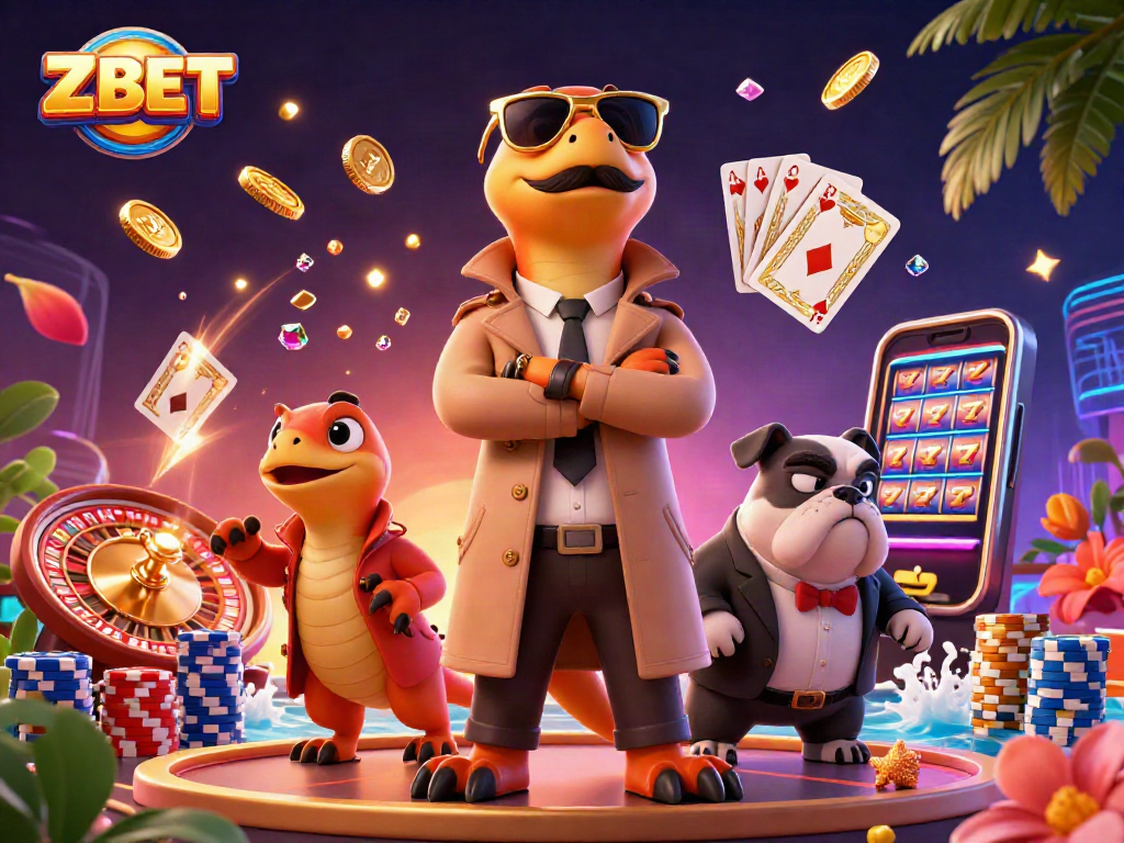 ZBET showcases 3D raptors amusingly attempting to enter a VIP lounge amidst dazzling casino elements.