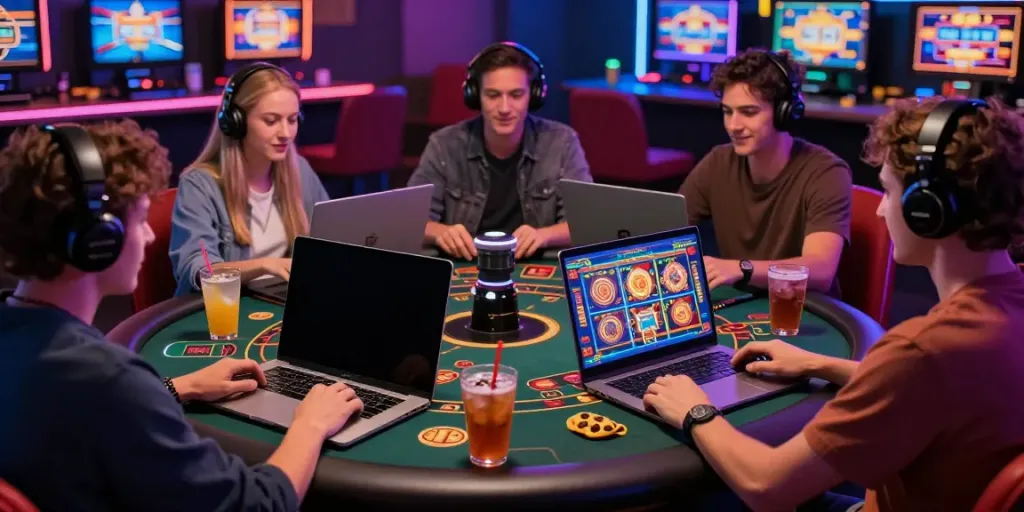 Exciting gaming atmosphere at https://ta88.network/ with friends enjoying online slots and poker.