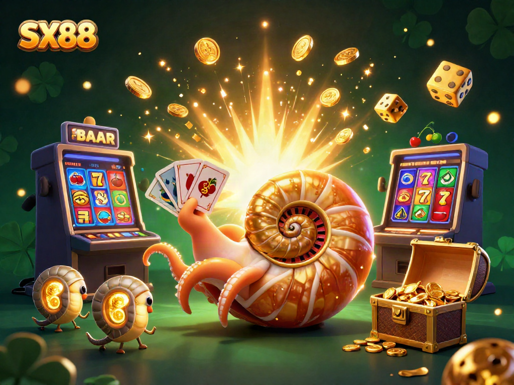 SX88 casino illustration showcasing the exciting world of gaming with slots, cards, and vibrant jackpot elements