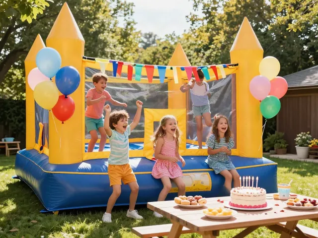 Kids joyfully bouncing in a colorful bounce castle during a summer party, surrounded by festive decorations.