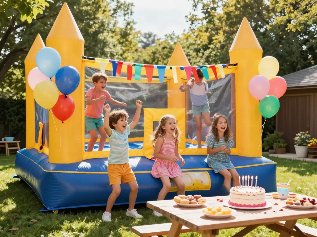 Kids joyfully bouncing in a colorful bounce castle during a summer party, surrounded by festive decorations.