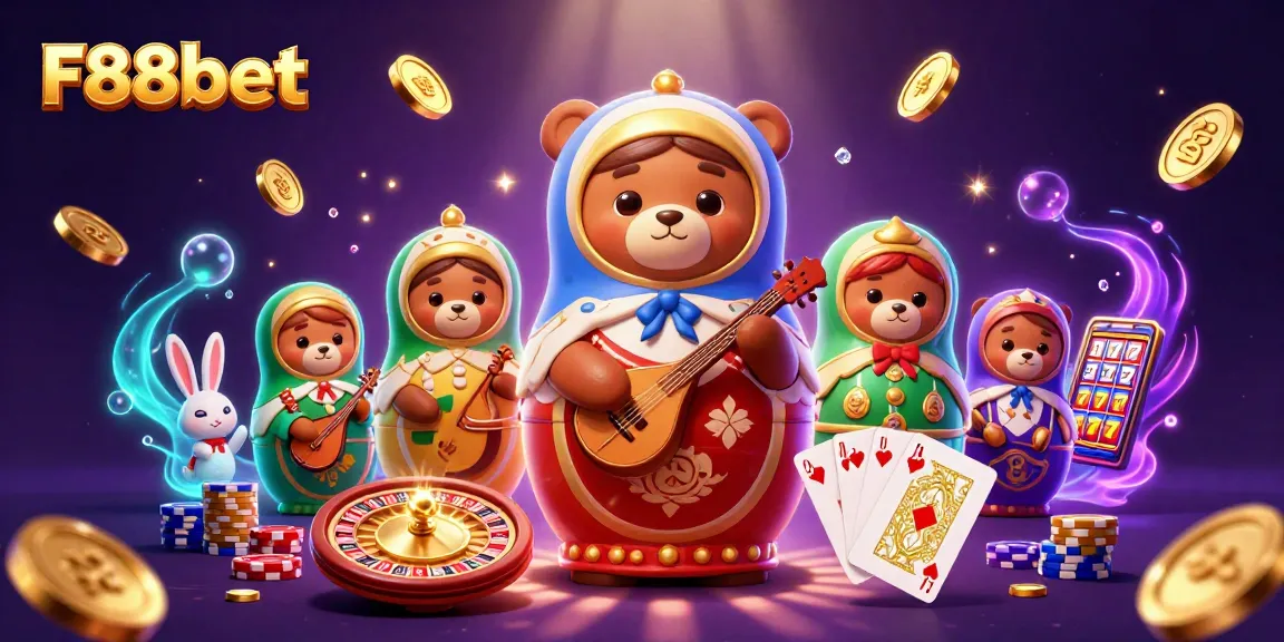 F88bet showcases a vibrant 3D illustration of a dynamic casino scene with animated characters and gaming elements.
